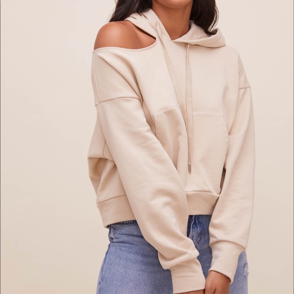 NWT ASTR the label one cold shoulder tan color hoodie.